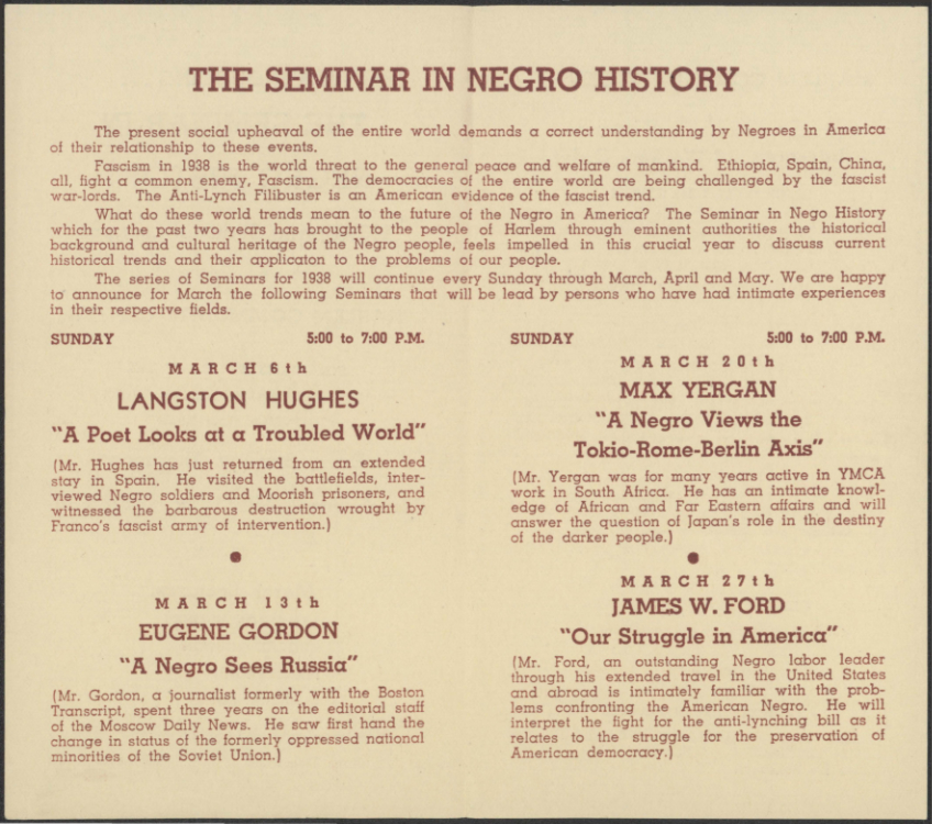 Langston Hughes, “A Poet Looks at a Troubled World,” The Seminar in Negro History, Harlem Community Center, Solidarity Br. 691 of the International Workers Order, New York, March 6, 1938, Langston Hughes ephemera collection, Special Collections, University of Delaware Library