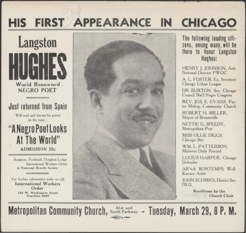 Flier, Langston Hughes’ “First Appearance in Chicago,” March 29, 1938, Langston Hughes ephemera collection, Special Collections, University of Delaware Library