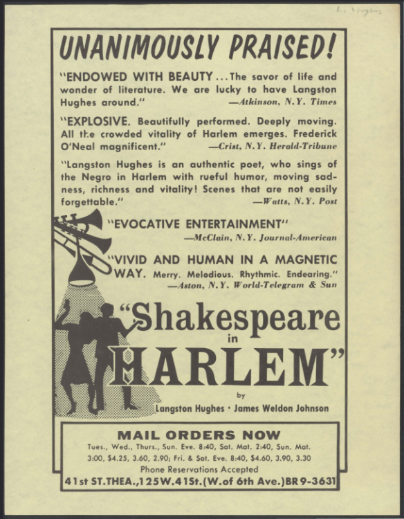 Production flier for Forty-first St. Theatre’s production of Shakespeare in Harlem, New York, New York, February 1960, Langston Hughes ephemera collection, Special Collections, University of Delaware Library