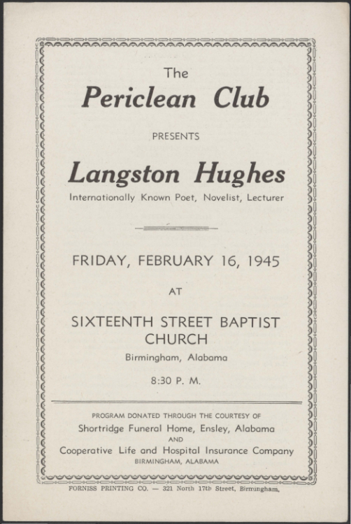 Forniss Printing Co., “The Periclean Club Presents Langston Hughes,” February 16, 1945, Langston Hughes ephemera collection, Special Collections, University of Delaware