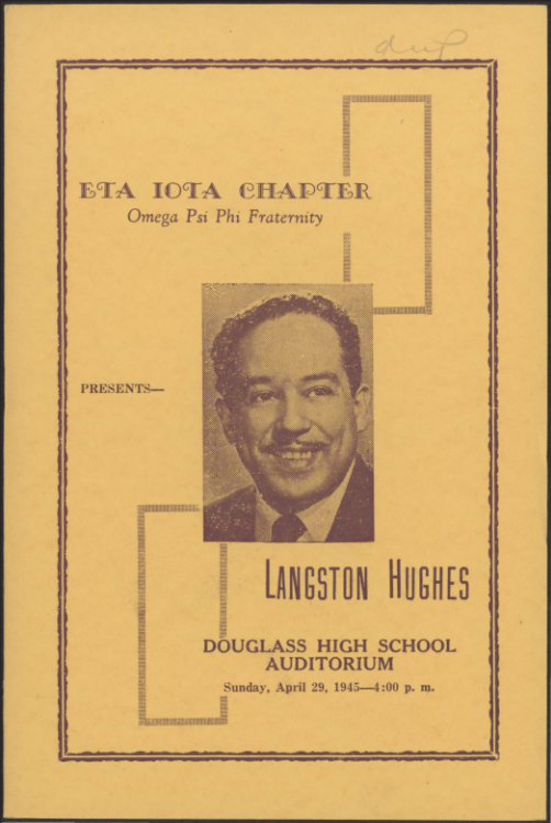 Eta Iota Chapter of Omega Psi Phi Fraternity, “Omega Psi Phi Fraternity Presents Langston Hughes,” April 29, 1945, Langston Hughes ephemera collection, Special Collections, University of Delaware
