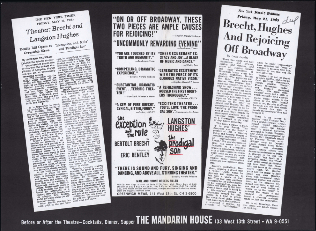 Newspaper article clippings for Langston Hughes’ The Prodigal Son and Bertolt Brecht’s The Exception and the Rule, Greenwich Mews Theatre, New York, New York, 3 September 1965, Langston Hughes ephemera collection, Special Collections, University of Delaware Library