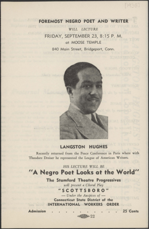 Connecticut State District of the International Workers Order, Program for Langston Hughes appearance at Moose Temple, with performance of “Scottsboro,” Bridgeport, Connecticut, September 23, 1938, Langston Hughes ephemera collection, Special Collections, University of Delaware Library