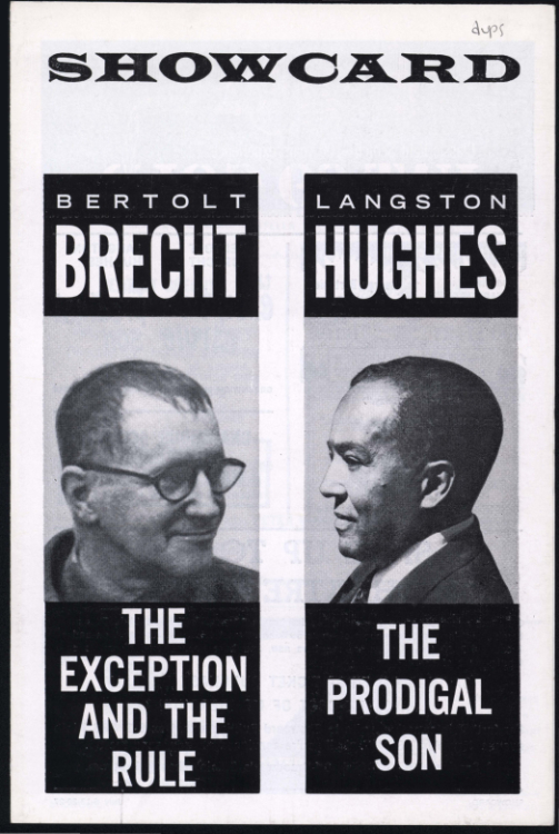 Production showcard for Greenwich Mews Theatre’s productions of Langston Hughes’ The Prodigal Son and Bertolt Brecht’s The Exception and the Rule, New York, New York, September 3, 1965, Langston Hughes ephemera collection, Special Collections, University of Delaware Library