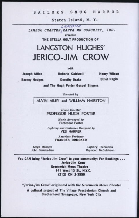 Production flier for the Stella Holt production of Langston Hughes’ Jerico Jim Crow, Staten Island, New York, 1964, Langston Hughes ephemera collection, Special Collections, University of Delaware Library