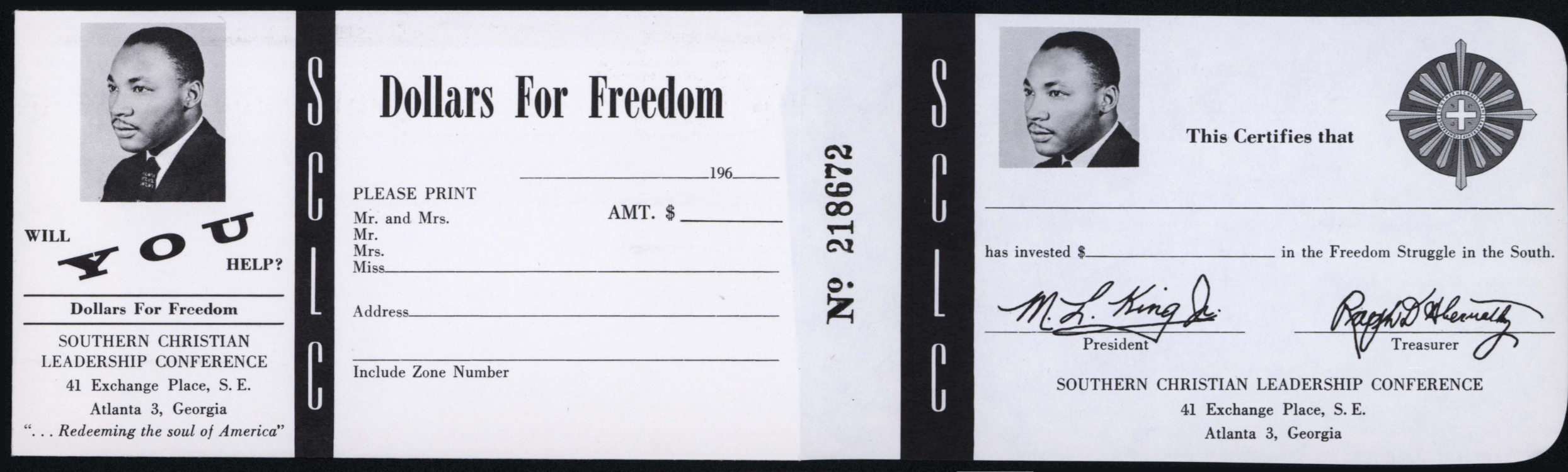 Southern Christian Leadership Conference, “Dollars for Freedom” donation slip, Atlanta Georgia, October 26-27, 1962, Langston Hughes ephemera collection, Special Collections, University of Delaware Library. Produced in Atlanta, these slips were also used in Washington D.C. and Brooklyn, New York.