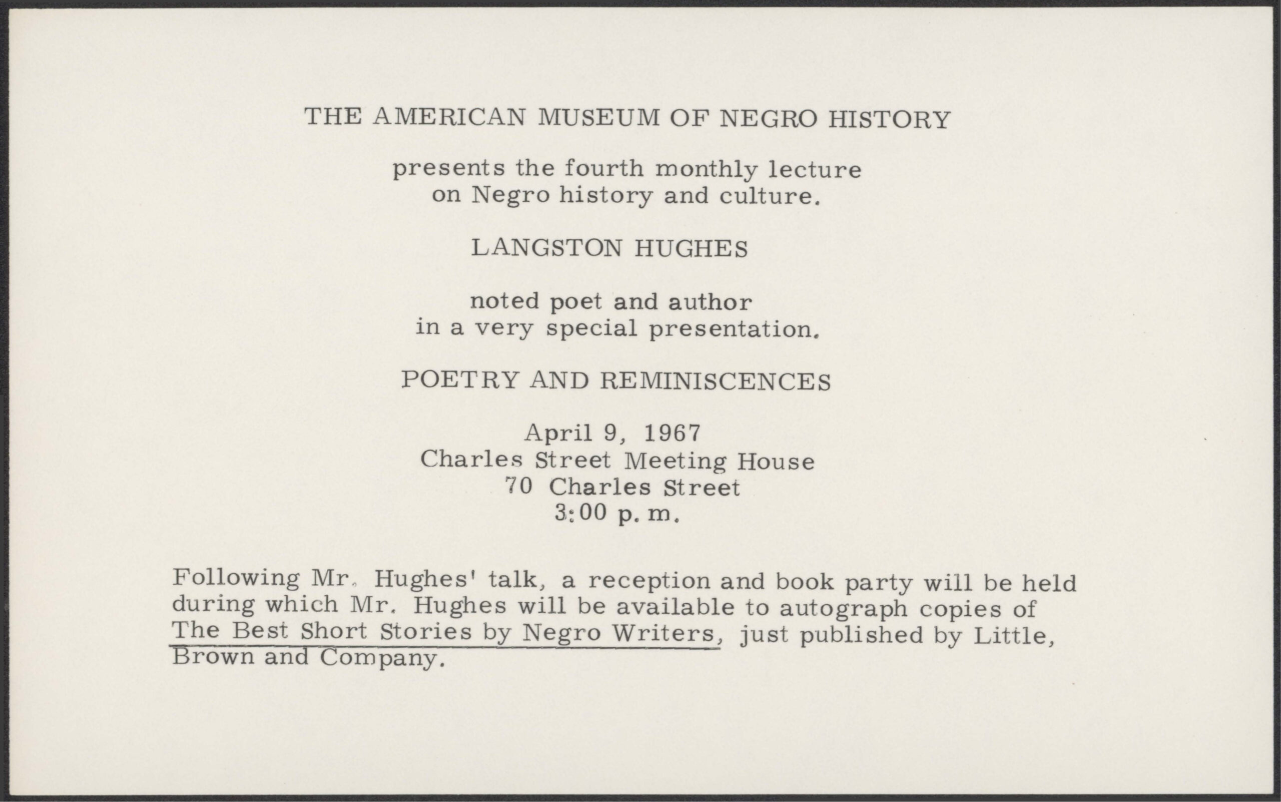 Postcard, Langston Hughes, “Poetry and Reminiscences,” American Museum of Negro History, Boston, Massachusetts, April 9, 1967. Langston Hughes ephemera collection