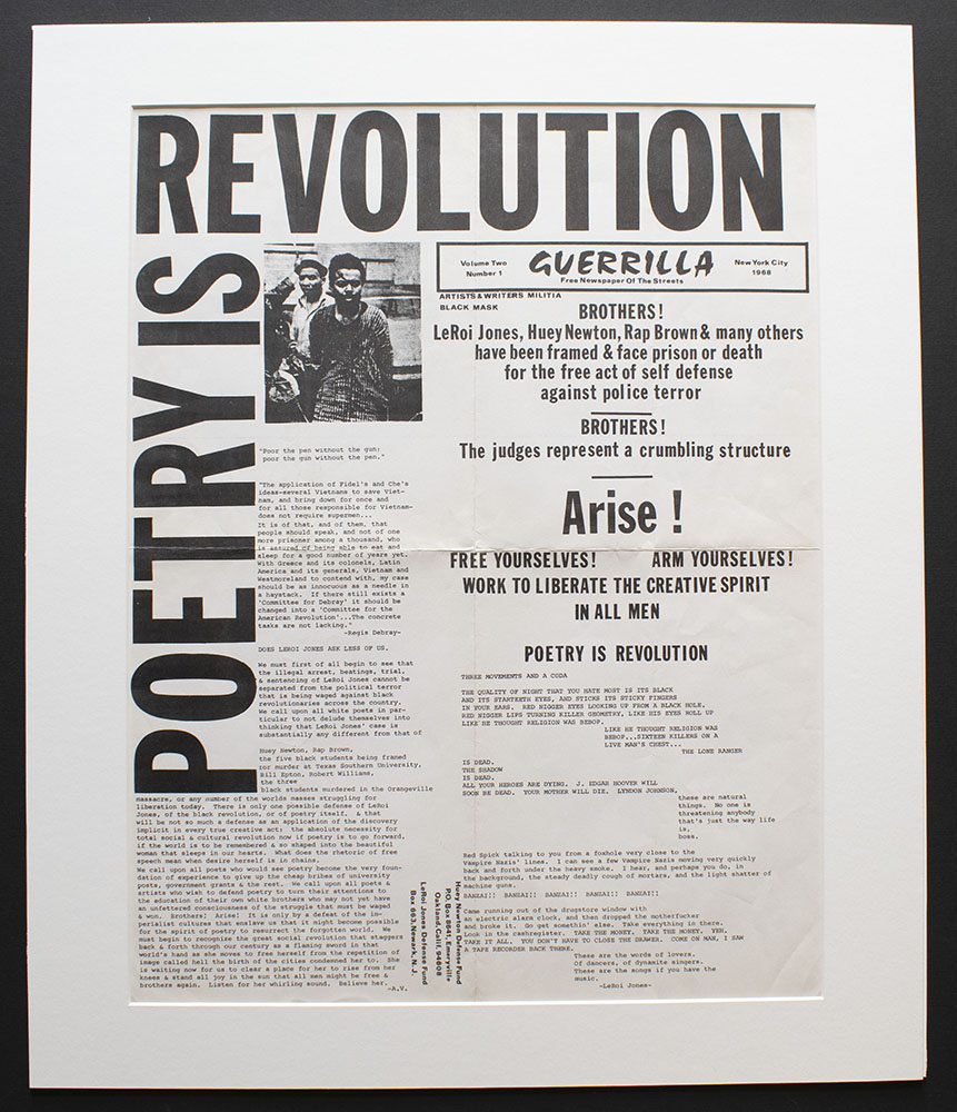 “Poetry is Revolution.” Guerrilla: Free Newspaper of the Streets, vol. 2, no. 1, 1968. Broadside. Sir Joseph Gold Political and Miscellaneous Ephemera Collection.