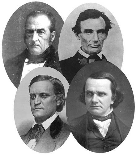 The four candidates for the 1860 Presidential election. Clockwise from top right: Abraham Lincoln, Stephen A. Douglas, John Breckenridge, and John Bell