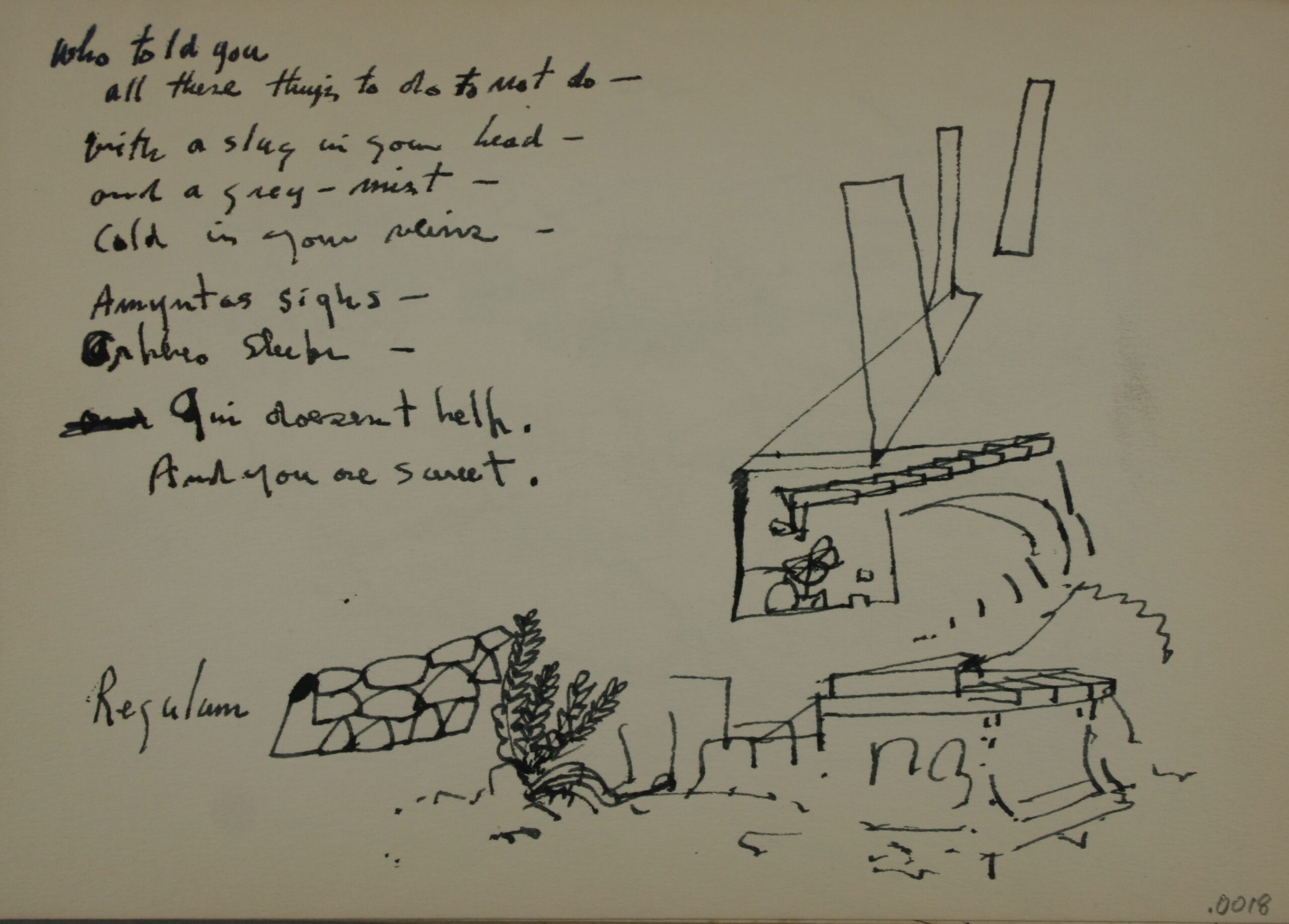 John Edward Heliker (American, 1909-2000), [<i>Building, Plant, Rocks, Inscription</i>], n.d., pen and ink. Museums Collections, Gift of Heliker LaHotan Foundation