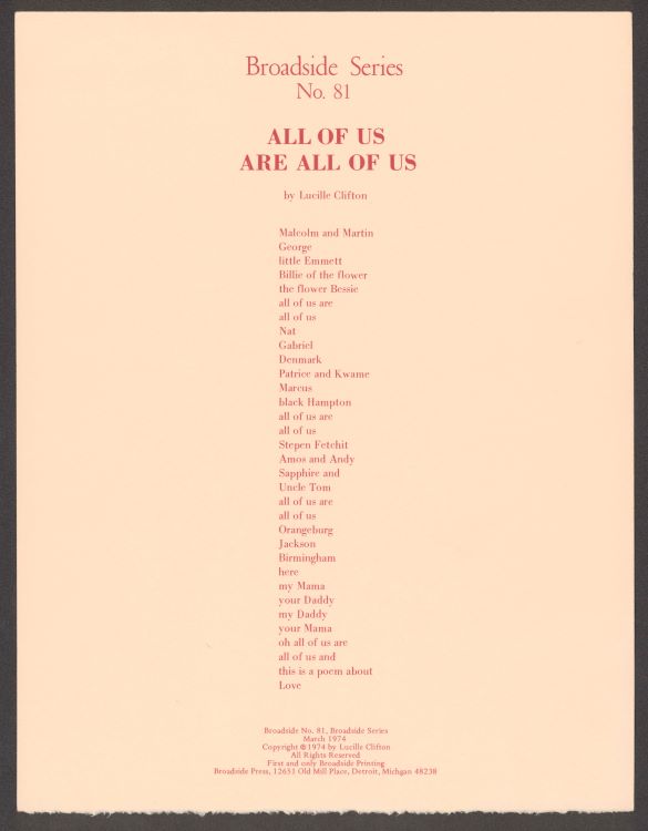 Lucille Clifton, “All of Us Are All of Us” Broadside