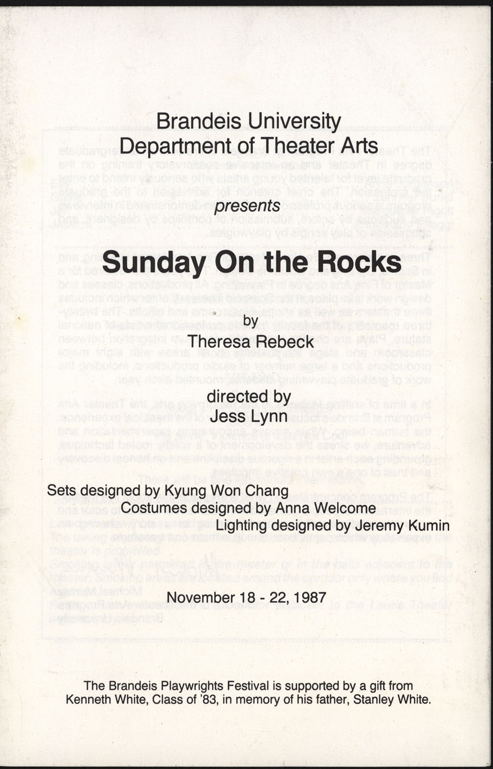 Sunday on the Rocks (program), Brandeis University Department of Theater Arts, November 18-22, 1987