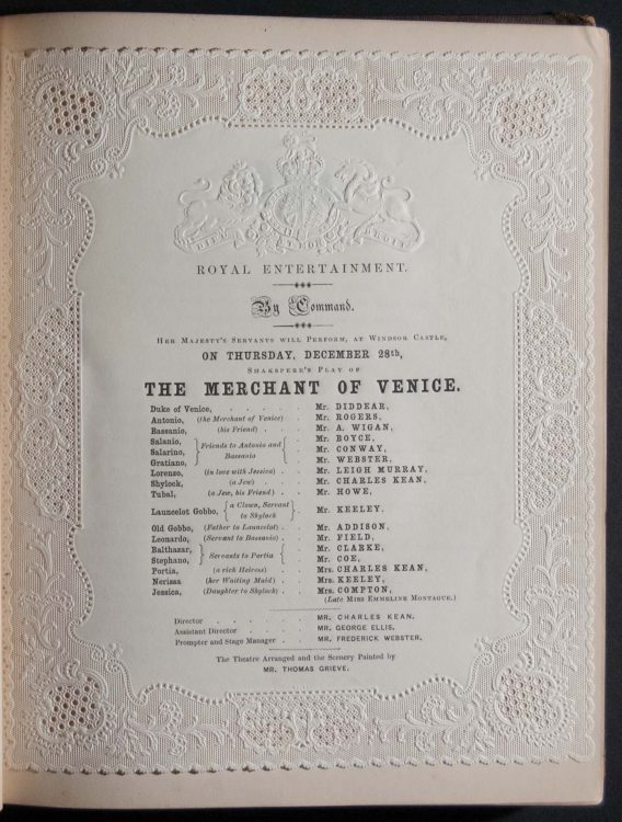 The series of dramatic entertainments performed by royal command, before Her Majesty the Queen, His Royal Highness Prince Albert, the royal family, and the court, at Windsor Castle. 1848-9. Comprising Merchant of Venice. (Shakspere.) Used up. (Dion Bourcicault. [sic]) The stranger. (Thompson.) The housekeeper. (D. Jerrold.) Hamlet. (Shakspere.) Box and Cox. (J.M. Morton.) Twice killed. (John Oxenford.) Sweethearts & wives. (J. Kenny.)