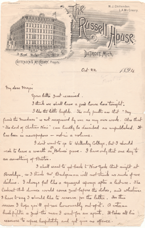 Arthur Conan Doyle, 1859–1930. Autograph letter to James B. Pond, October 22, 1894. Mark Samuels Lasner Collection