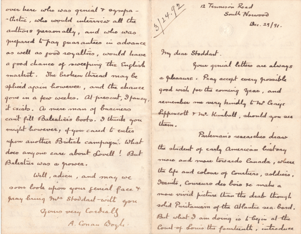 Arthur Conan Doyle, 1859–1930. Autograph letter to J. M. Stoddart, December 29, 1891.
