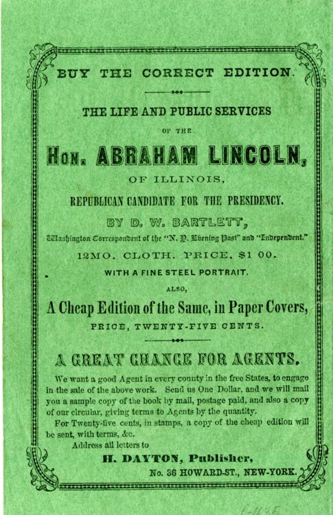 Dayton, Hiram. The Republican pocket pistol: a collection of facts, opinions and arguments for freedom. No. 2, July 1860. Edited by William Henry Burleigh. New York: H. Dayton, publisher, no. 36 Howard-Street, 1860. Publisher’s advertisement.