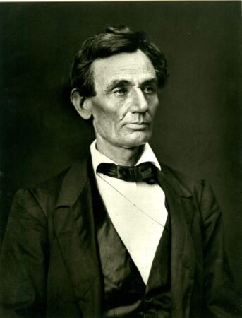 Hesler, Alexander (photographer). Beardless Republican nominee, Abraham Lincoln, from a sitting on June 3, 1860, Springfield, Illinois. Printed by Yousef Karsh, circa 1956. MSS 0521 Lincoln Club of Delaware Abraham Lincoln collection