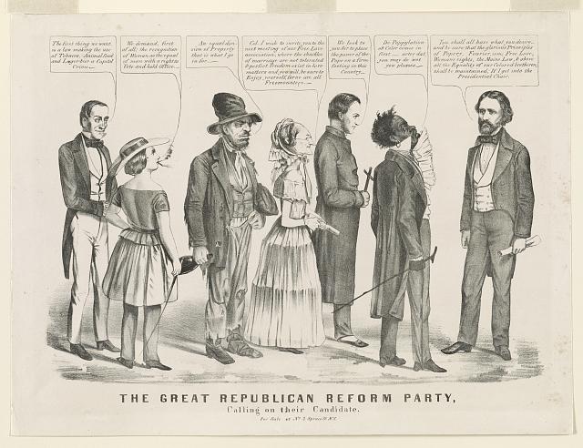 Maurer, Louis. The Great Republican Reform Party, calling on their candidate. New York: for sale by [Nathaniel Currier] at no. 2 Spruce Street, [1856]. MSS 0521 Lincoln Club of Delaware Abraham Lincoln collection. Image courtesy Library of Congress.