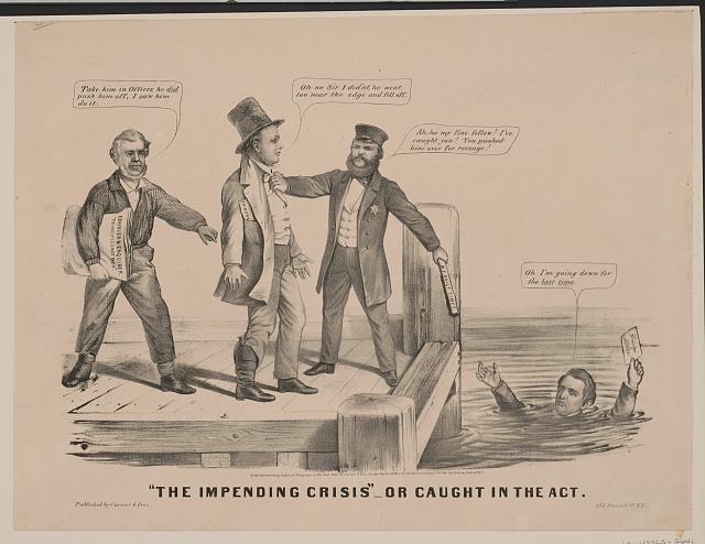 [Maurer, Louis.] “The Impending crisis – or caught in the act.” [New York]: Currier and Ives, 1860. MSS 0521 Lincoln Club of Delaware Abraham Lincoln collection. Image courtesy Library of Congress.