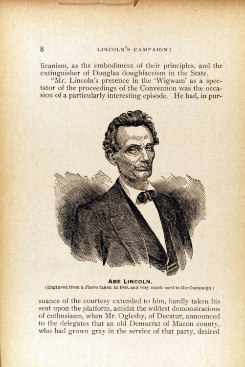 Oldroyd, Osborn H. (Osborn Hamiline). Lincoln’s campaign; or, the political revolution of 1860. Chicago: Laird and Lee, 1896. Page 8.