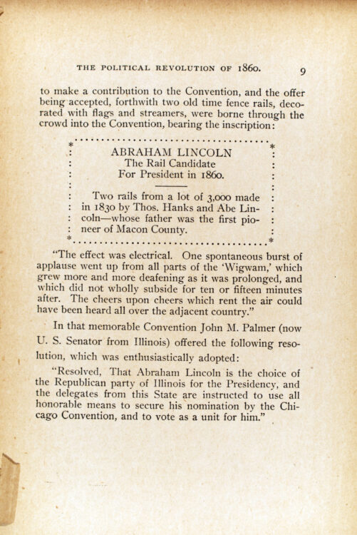 Oldroyd, Osborn H. (Osborn Hamiline). Lincoln’s campaign; or, the political revolution of 1860. Chicago: Laird and Lee, 1896. Page 9.