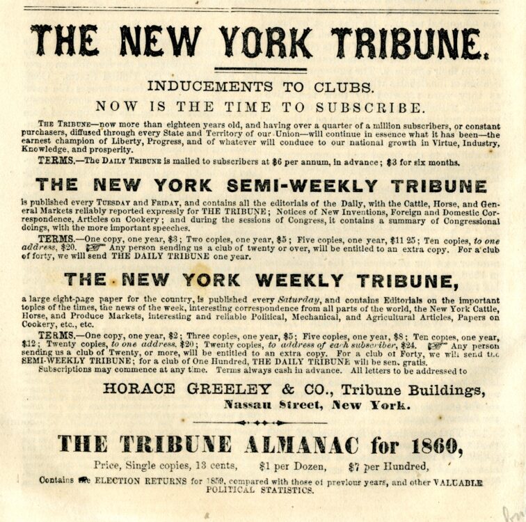 Scripps, J. L. (John Locke). Life of Abraham Lincoln. New York: [Horace Greeley], 1860. Publisher’s advertisement for The New York Tribune.