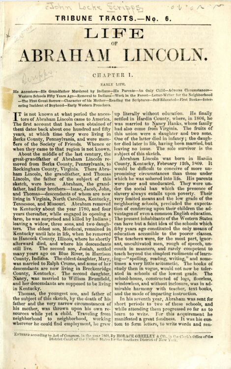 Scripps, J. L. (John Locke). Life of Abraham Lincoln. Tribune Tracts, no. 6. New York: [Horace Greeley], 1860.