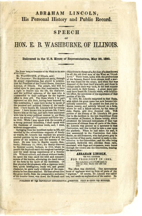 Washburne, E. B. (Elihu Benjamin). Abraham Lincoln, his personal history and public record. [Washington, D.C.]: published by the Republican Congressional Committee, 1860.