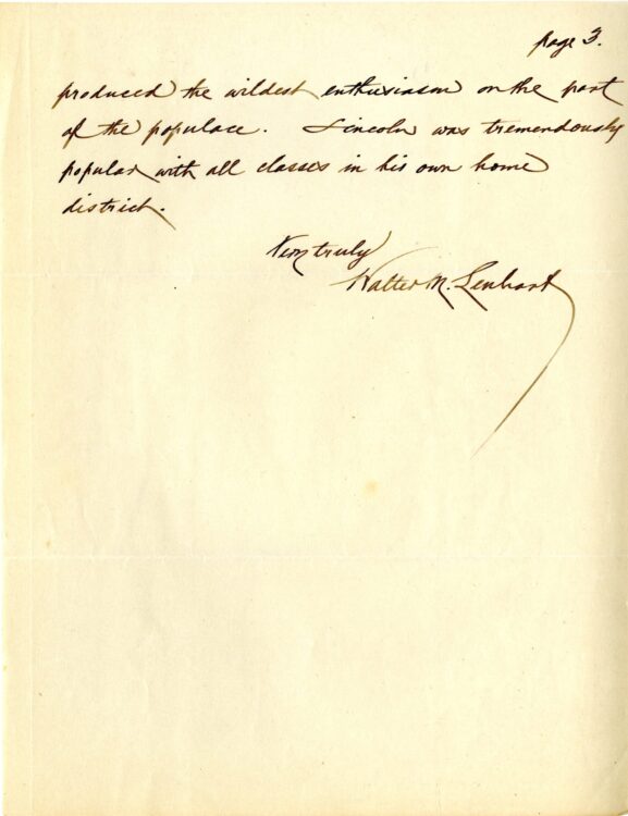 Walter M. Lenhart autograph letter to Norman Rood, October 20, 1923. Page 3. MSS 0521 Lincoln Club of Delaware Abraham Lincoln collection.