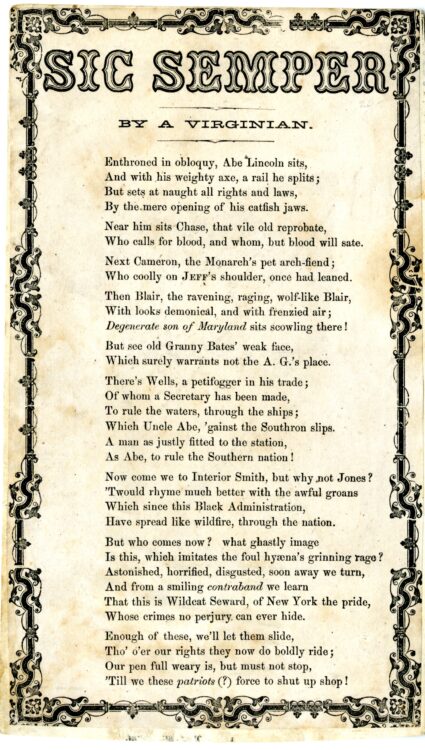 Sic Semper. [Song] by a Virginian. Place and publisher unknown, [1860].