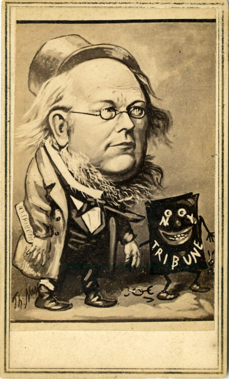 Nast, Thomas. Albumen carte de visite of Horace Greeley, editor of the New York Tribune. New York: E. and H.T. Anthony, 1866.