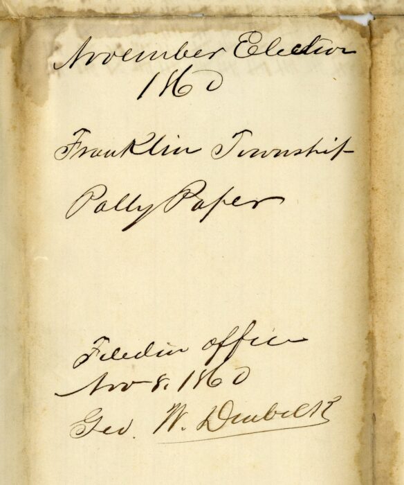 November election 1860. Franklin Township tally paper filed in office November 8, 1860, George W. Denbo