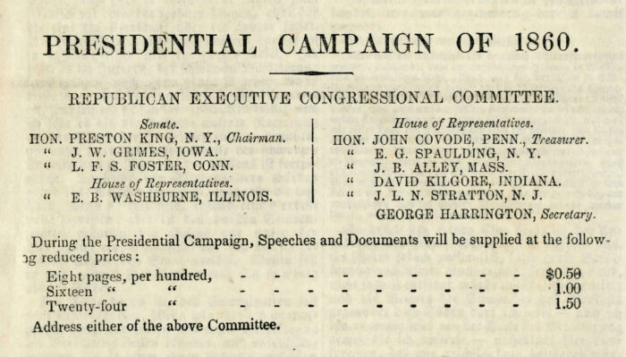 Back page of a political speech published by the Republican Executive Congressional Committee. Bemerkungen des Ehrb. Lymun Trumbull von Illinois: uber die einnahme der Arsenale in Harper’s Ferry, VA, und in Liberty, Mo., : sowie Rechtfertigung der Republickanischen Partie und ihrer Grundsatze als Erwiederung gegen die Senatoren Chestnut, Yulee, Saulsbury, Clay, und Pugh : die debatte fand Statt im Senate am 6. 7. und 8 Dezember 1859. Washington: Republican Congressional Executive Committee, 1860.