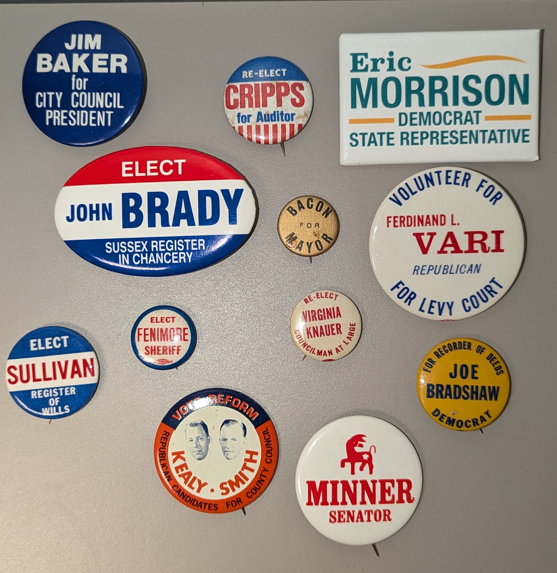 Local Delaware office campaign buttons, 1936-2020. MSS 0896, Jerome O. Herlihy political campaign ephemera collection and MSS 0733, Delaware ephemera collection related to politics, policy, and government.