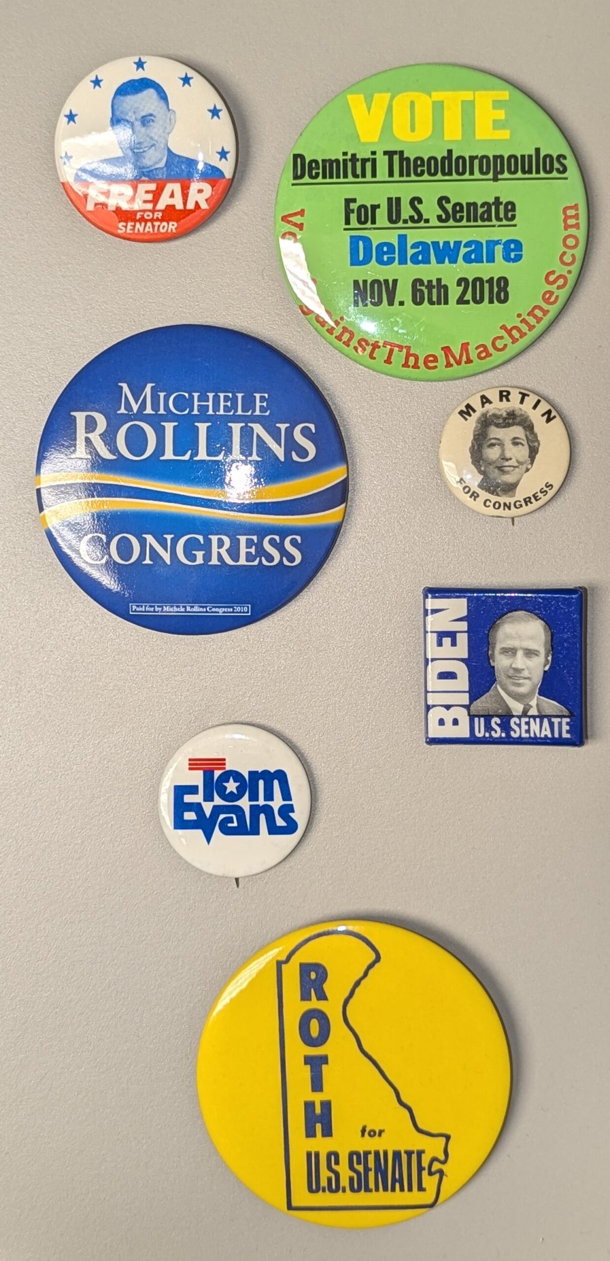 Delaware congressional campaign buttons, 1948-2018.MSS 0896, Jerome O. Herlihy political campaign ephemera collection and MSS 0733, Delaware ephemera collection related to politics, policy, and government.