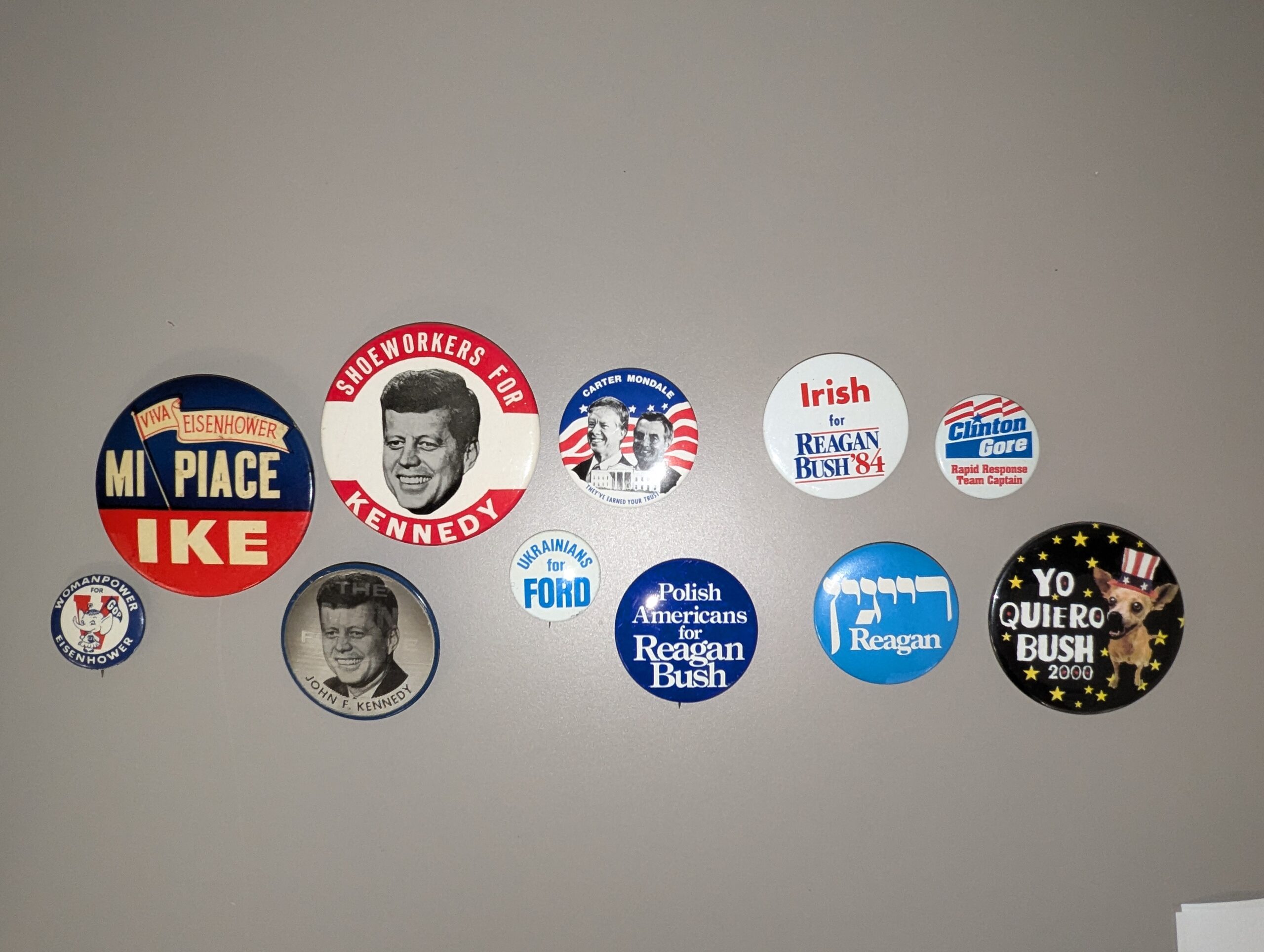 Presidential campaign buttons, 1952-2000. MSS 0896, Jerome O. Herlihy political campaign ephemera collection and MSS 0733, Delaware ephemera collection related to politics, policy, and government