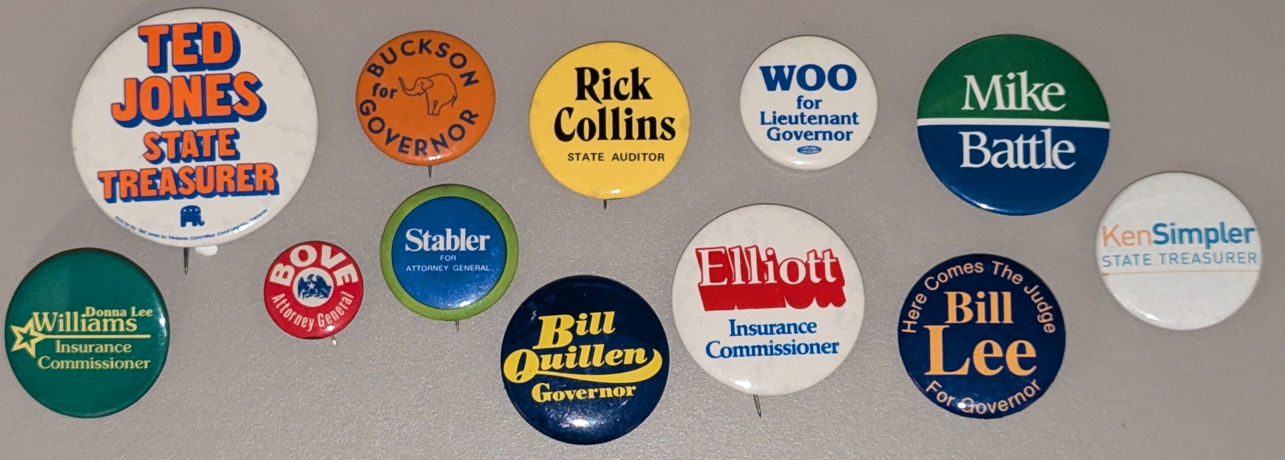 Delaware state-wide office campaign buttons, 1958-2018. MSS 0896, Jerome O. Herlihy political campaign ephemera collection and MSS 0733, Delaware ephemera collection related to politics, policy, and government.