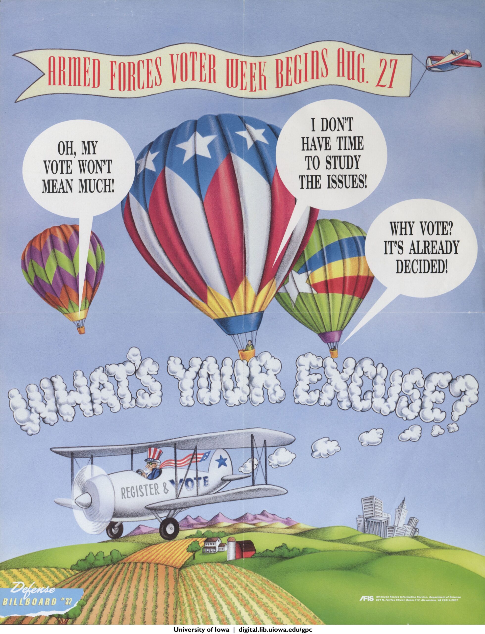 “Armed Forces Voter Week begins August 27: ‘what’s your excuse?’ register & vote” poster, circa 1990s. Department of Defense, Armed Forces Information Service.
