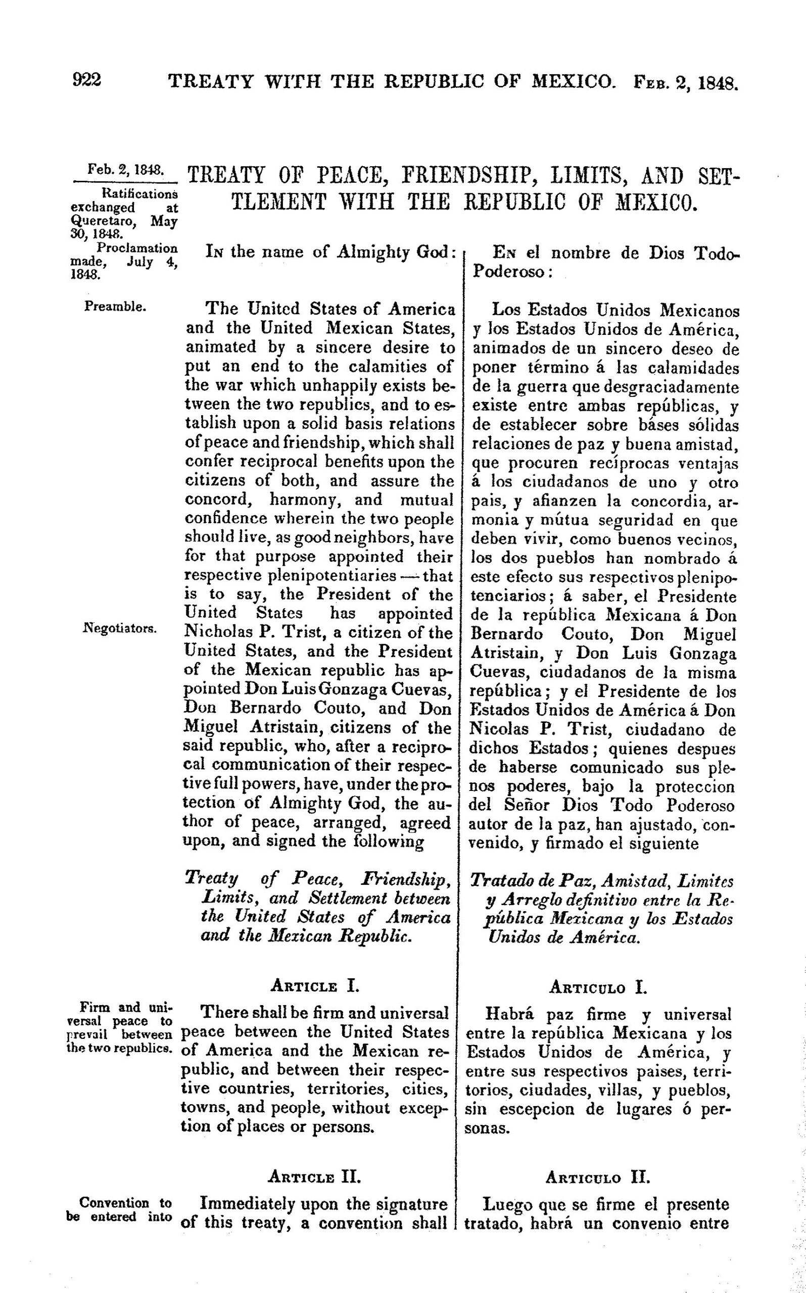 Treaty of Guadalupe Hidalgo, 1848