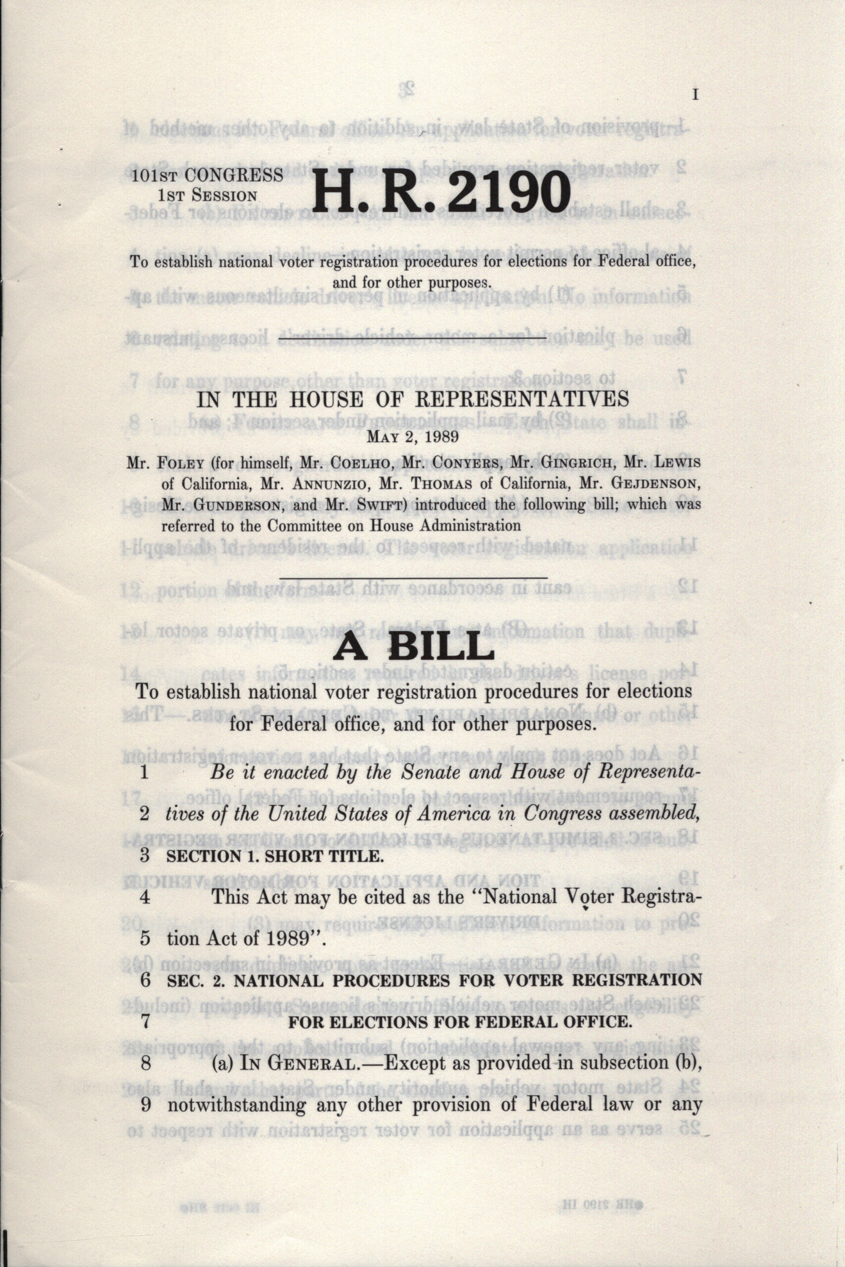 H. R. 2190, National Voter Registration Act of 1989, Thomas R. Carper congressional papers