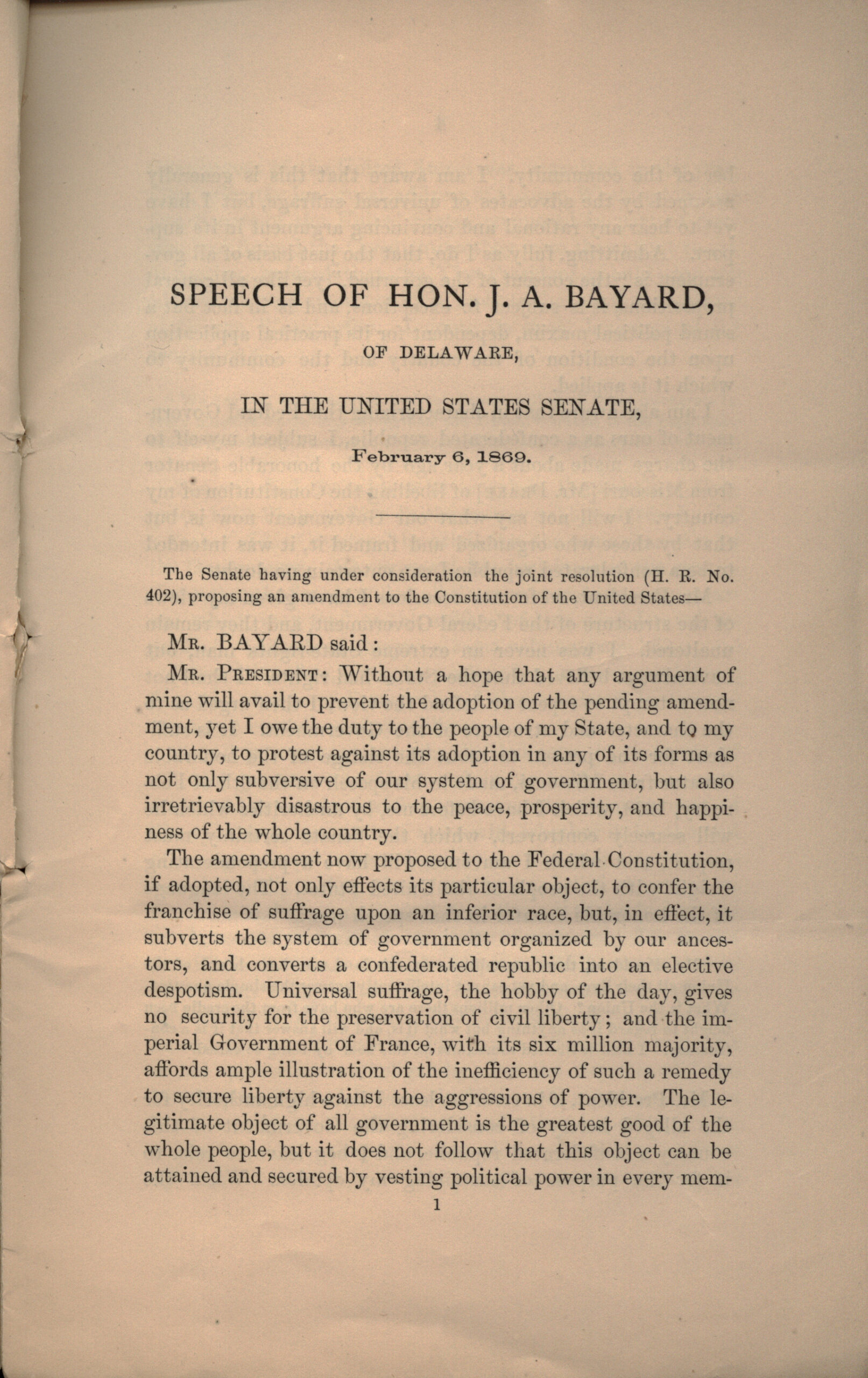 Speech of the Hon. James A. Bayard of Delaware, in the United States Senate, February 6th, 1869