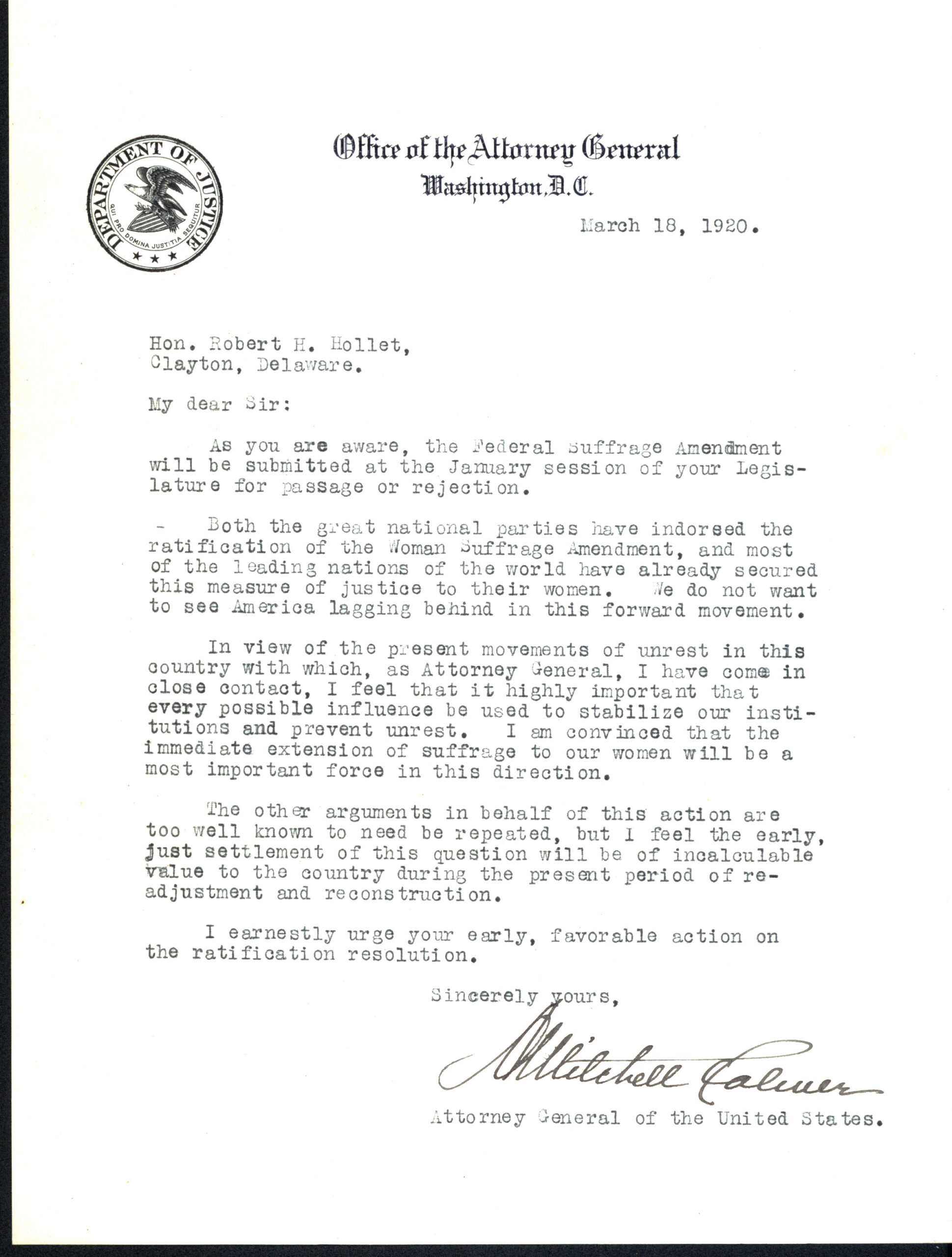 Letter from Mitchell Palmer to Robert H. Hollet, 1920