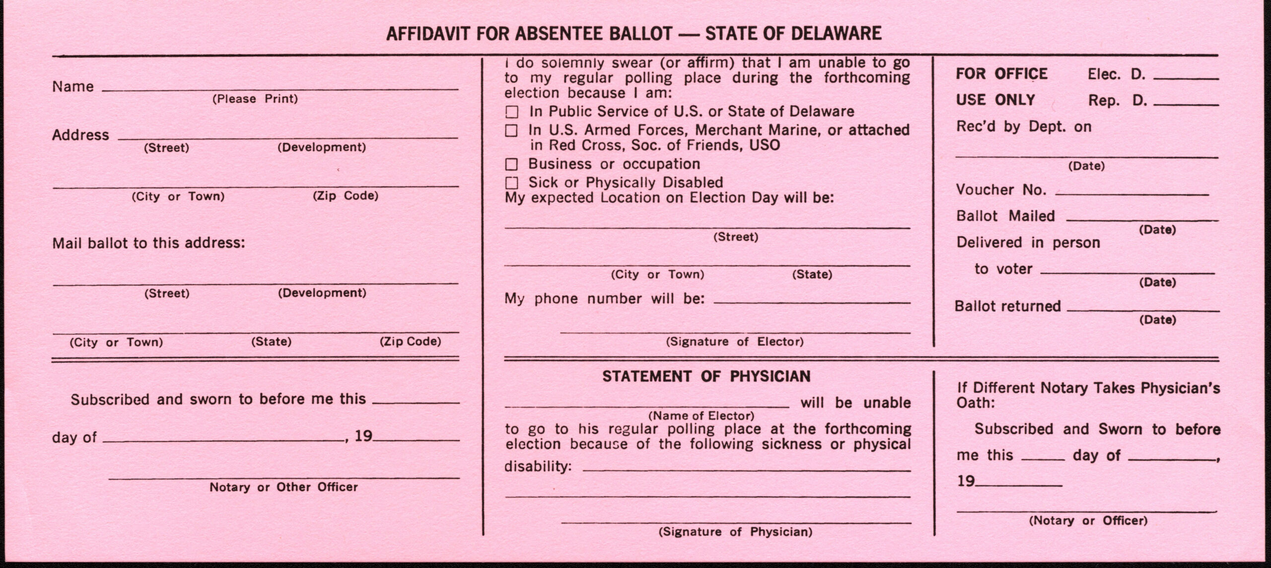 State of Delaware. Affidavit for Absentee Ballot. MSS 0528, Gwynne P. Smith papers.