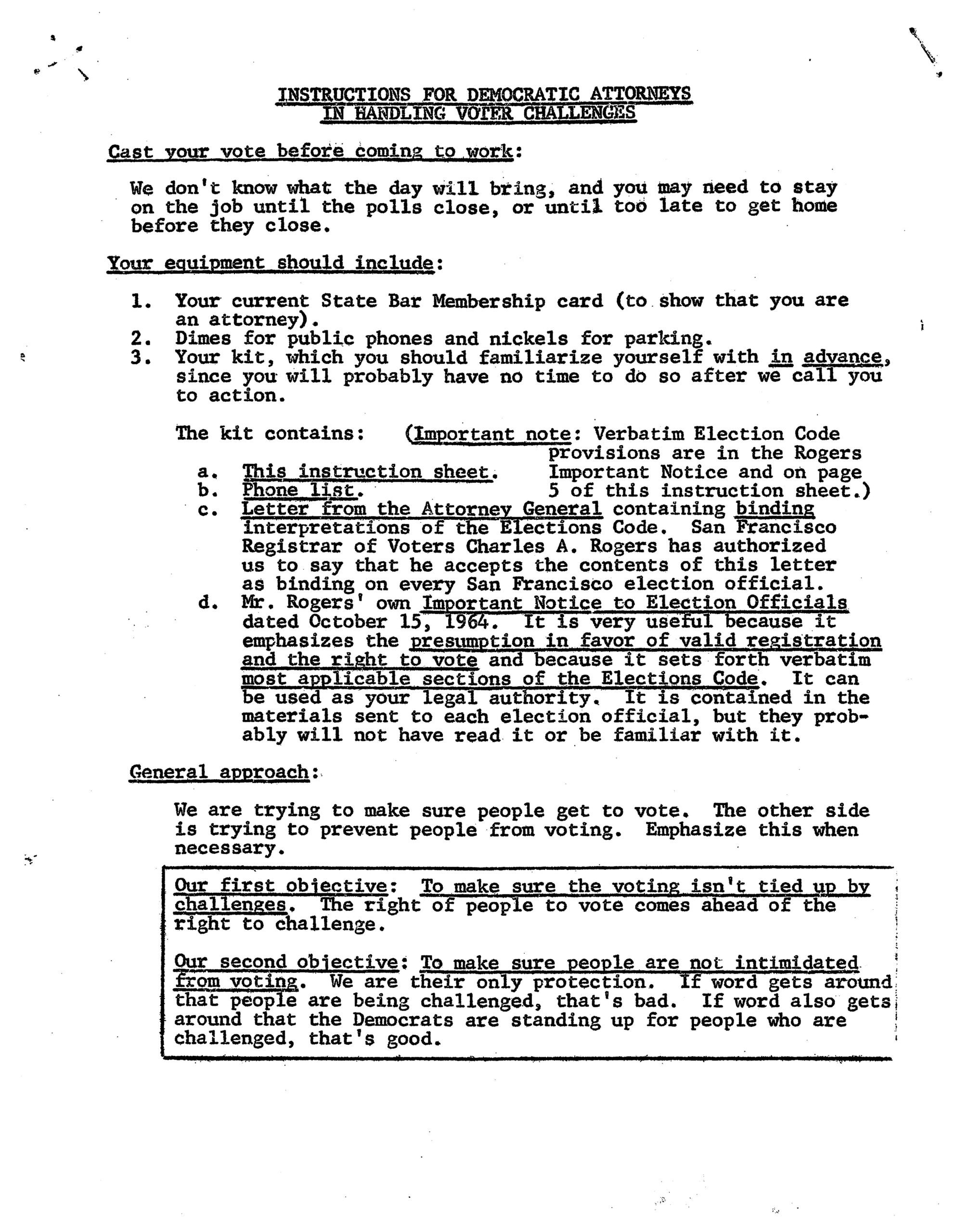 “Instructions for Democratic Attorneys in Handling Voter Challenges,” 1964. MSS 0884, Beverly Axelrod papers.