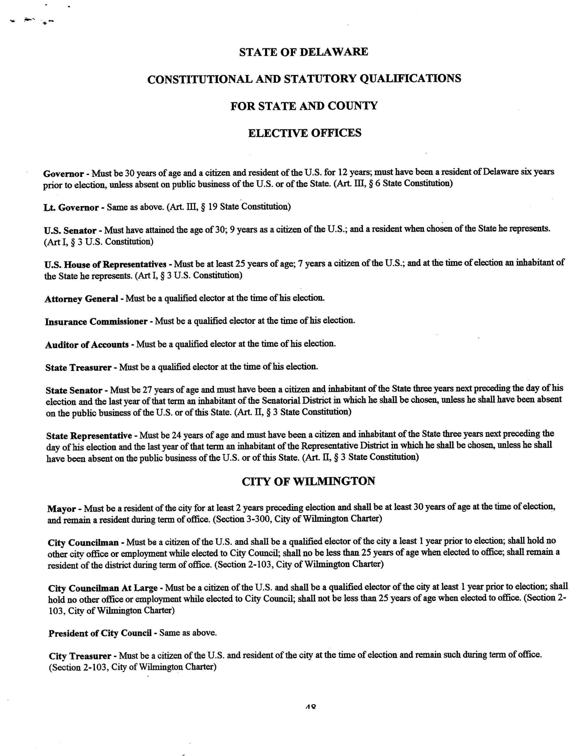 “State of Delaware Constitutional and Statutory Qualifications for State and County Elective Offices,” no date. MSS 0733, Delaware ephemera collection related to politics, policy, and government