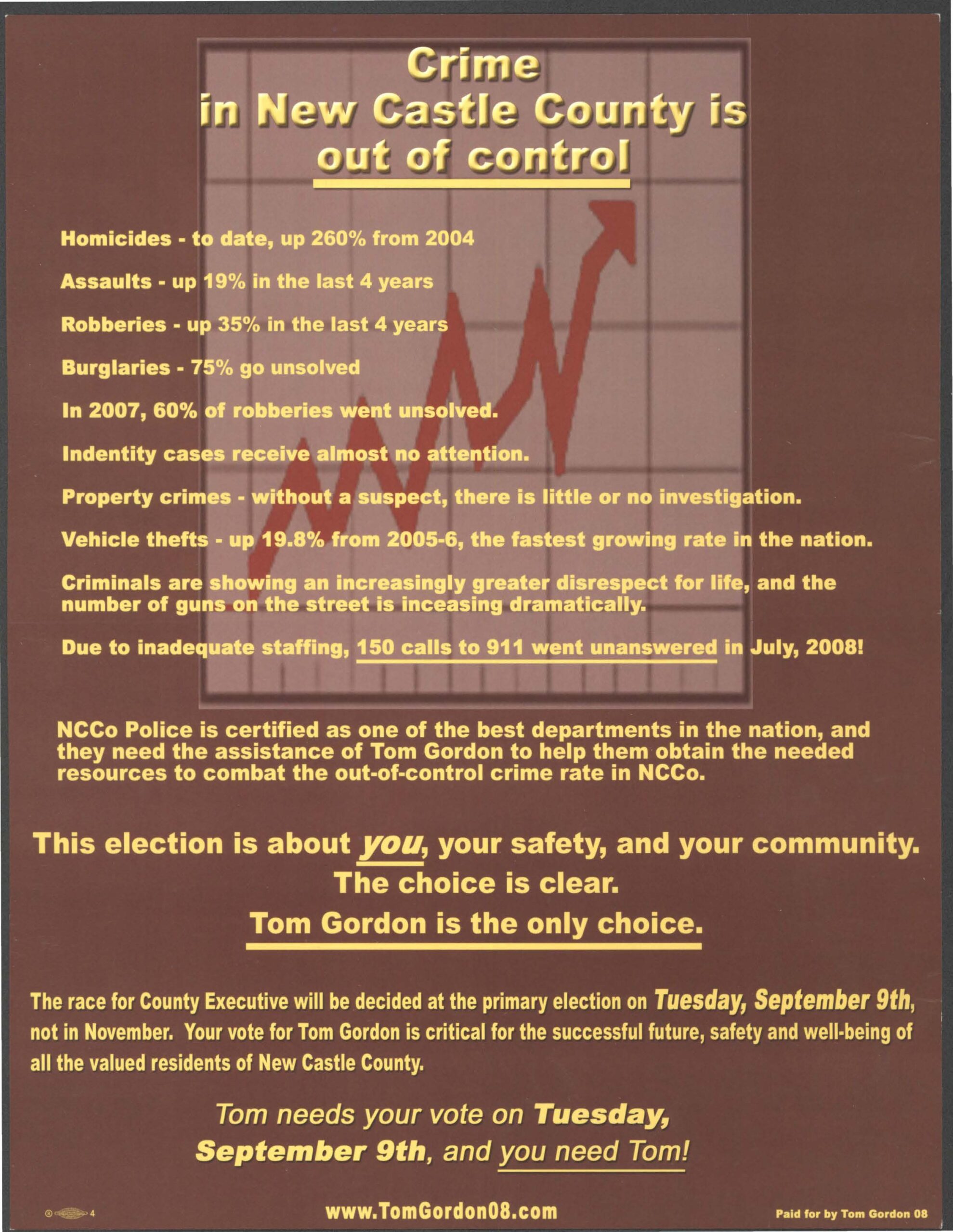 Campaign mailer, Tom Gordon for New Castle County Executive, 2008. MSS 0733, Delaware ephemera collection related to politics, policy, and government.