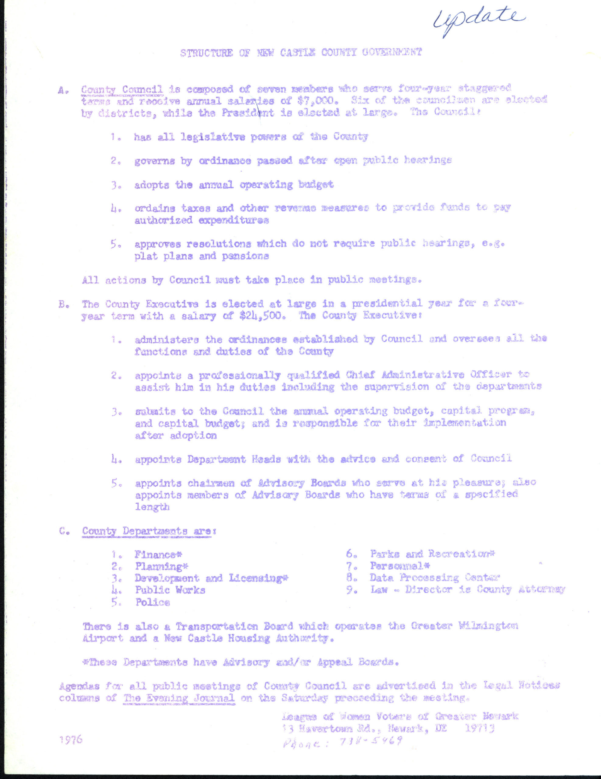 “Structure of New Castle County Government,” 1976. MSS 0448, League of Women Voters of Greater Newark, Delaware, records.  