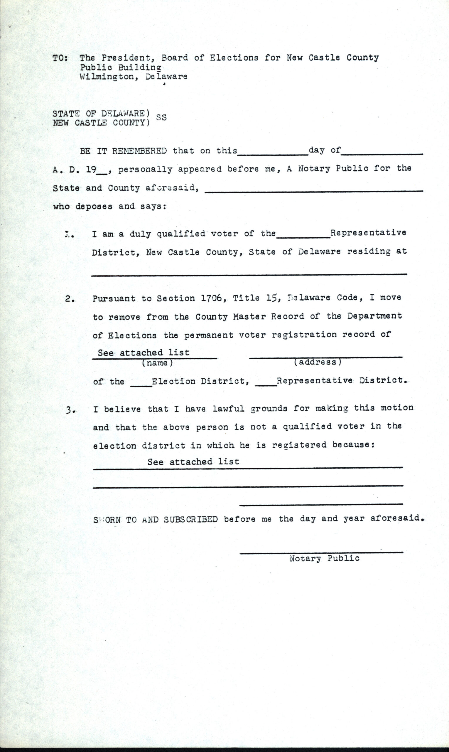 Page 1 of Voter Disqualification Form, Board of Elections for New Castle County. No date. MSS 0528, Gwynne P Smith papers.