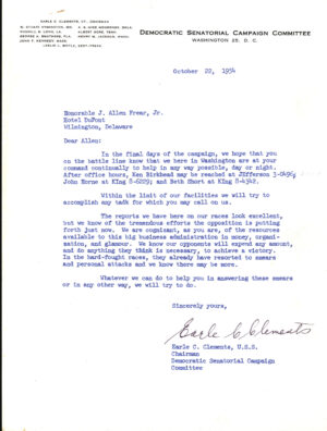 Earle C. Clements, Chairman, Democratic Senatorial Campaign Committee, Letter to Senator J. Allen Frear, Jr., offering assistance for final days of 1954 campaign, October 22, 1954, from the Senator J. Allen Frear, Jr., papers