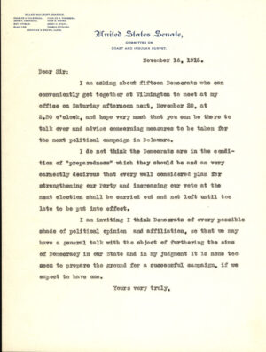 Willard Saulsbury, Jr., Letter to state Democratic leaders, November 15, 1915, from the Willard Saulsbury, Jr., papers
